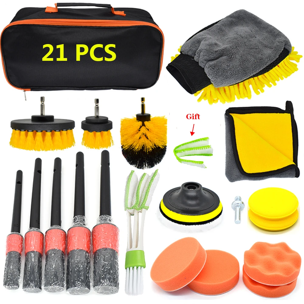 Car Accessories Cleaning Kit Leather Air Vents Scrubber Washing Gloves Polisher Adapter Waxing Detailing Brush Grooming Kit Bags