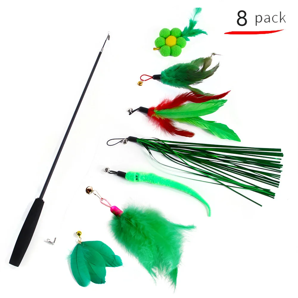 

Interactive Cat Toys Set Teaser Stick Self-hi Colorful Feather Game With Bell Kitten Training Playing Funny Wand Pet Accessories