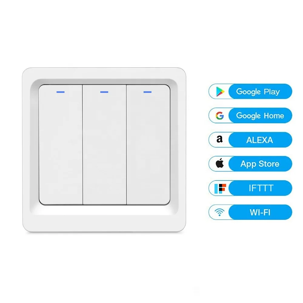 Standard ue pour Tuya WiFi maison intelligente commutateurs muraux Alexa télécommande 3 Gang bouton poussoir interrupteur de lumière panneau PC Double pôle Swi