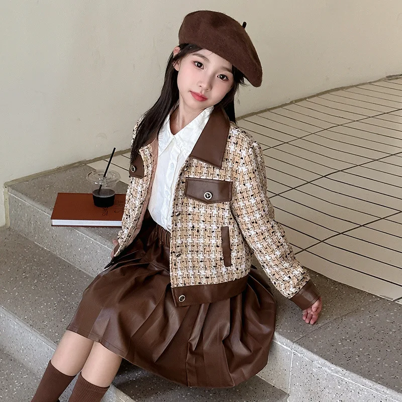 

Autumn Winter Suit Pleated Skirt Set Girls Plaid Tweed Coat Leather Skirt Outfits JK Two piece Uniforms 5- 14 Years Kids Clothes