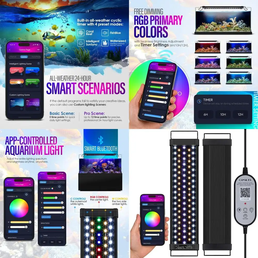

Умная подсветка для аквариума с управлением по Bluetooth - настраиваемые цвета, настройка времени, круглосуточное управление, имитация заката, тропический дизайн