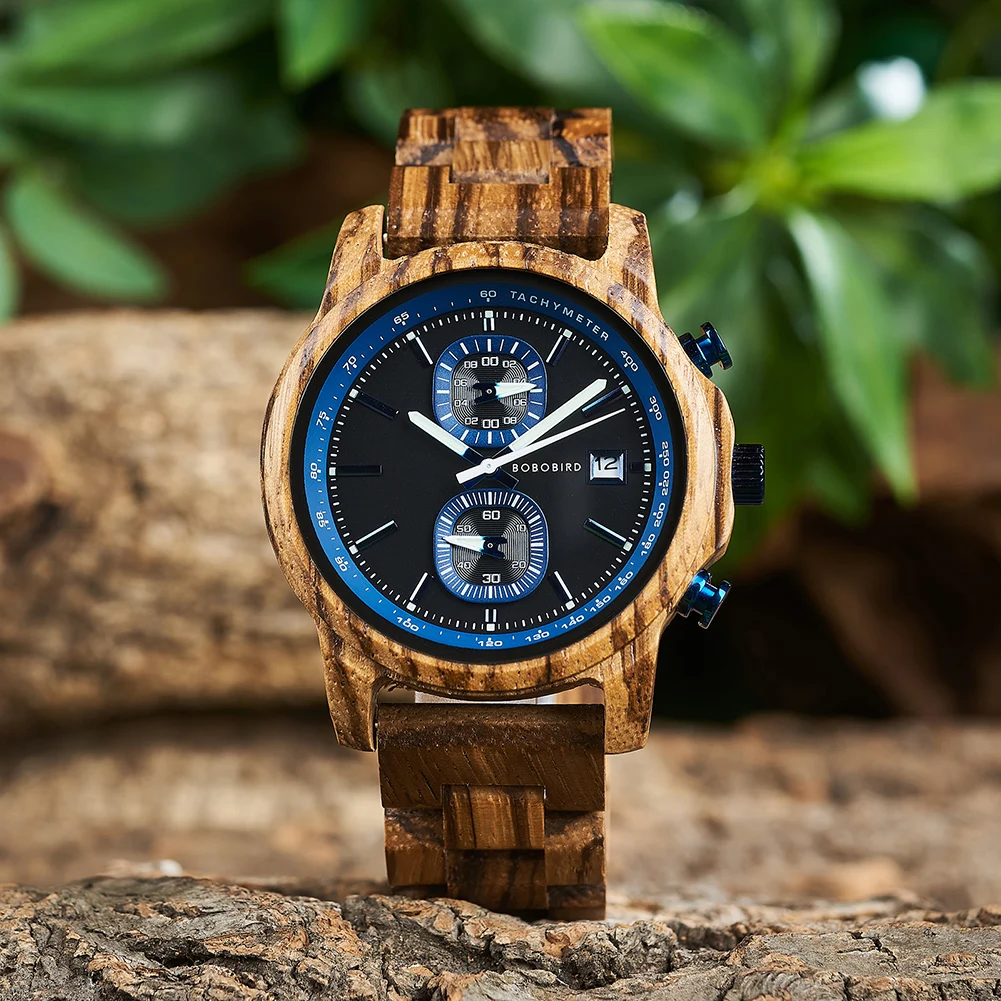 BOBO BIRD Reloj de Madera Hombres Relojes de Lujo Cronógrafo Auto Fecha Hombre Relojes de Pulsera de Cuarzo Gran Regalo para Hombres Custom