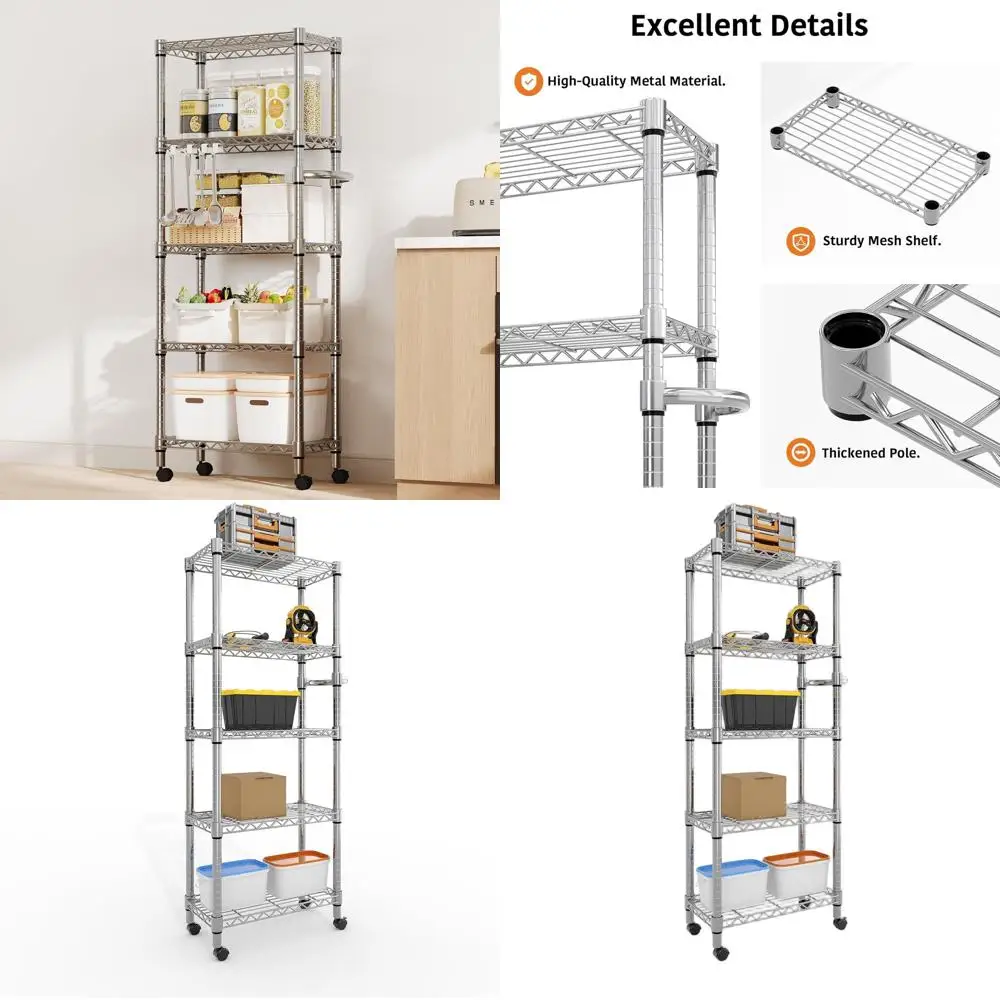 

61-дюймовая усиленная 5-ярусная металлическая стеллажная система с блокируемыми колесами, грузоподъемность 500 кг, стеллаж для хранения для кухни, гаража, спальни