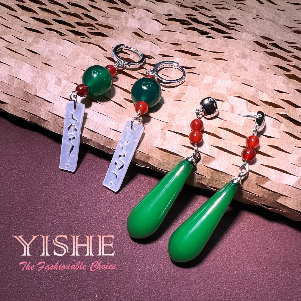 Chinese style agate imitation chalcedony handmade water drop earrings, court style emerald S925 silver needle classical exquisit
