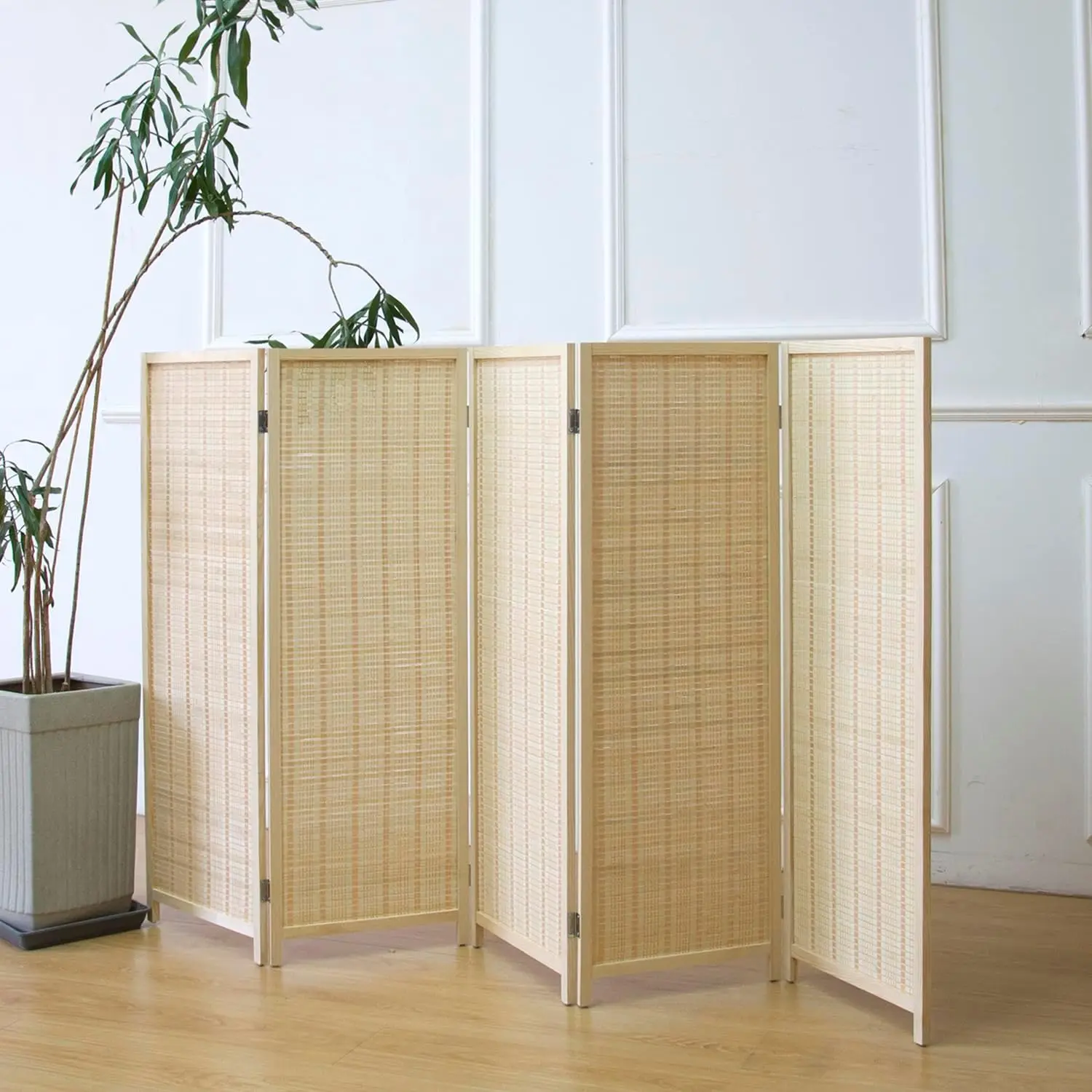 

5 Panel Short Room Divider Screen,Beige Freestanding Partition,Small Bamboo Panel Divider for Room Seperation,3.95 FT Ta