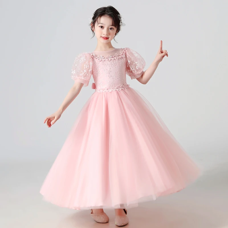 Girls Dress Summer Princess Dresses Sequins Puff Sleeve Ankle-Length Mesh Flower Girl One-piece For Wedding Evening Party