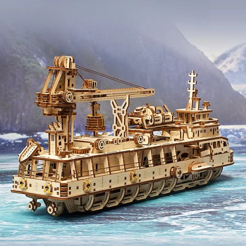 Deep Sea Research Boat Model Kit 3D DIY Mechanical Wooden Puzzle Research Ship Model Assembly Toy Adult Hobby Home Decor Gift
