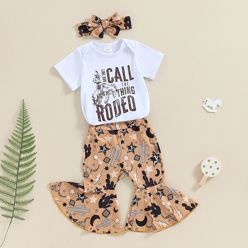 

Baby Girls Summer Outfit Letter Print Short Sleeves Romper and Cactus Print Flare Pants Headband 3 Piece Clothes