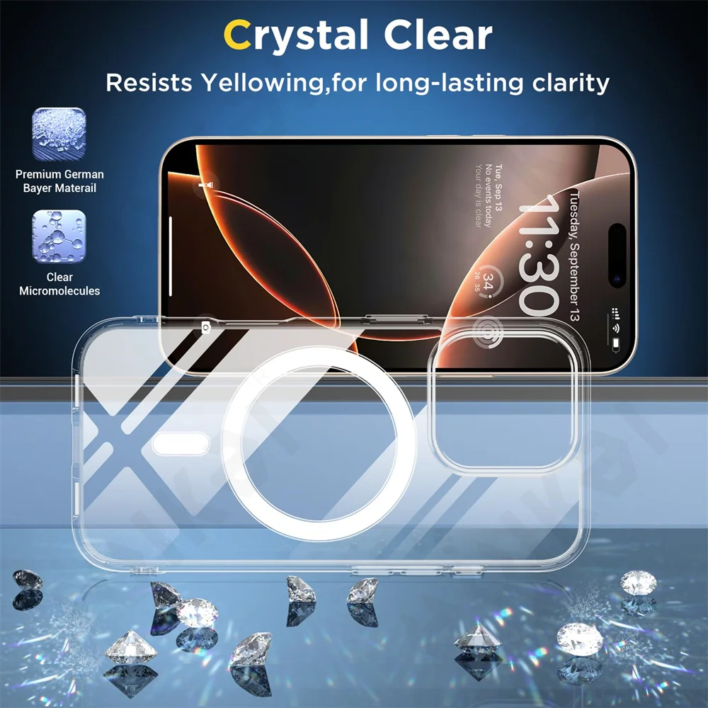 Magnetic Case For iPhone 16 15 14 13 11 Pro Max Plus XS Max XR 7 8 Plus Crystal Clear Protective with Magsafe Transparent Cover