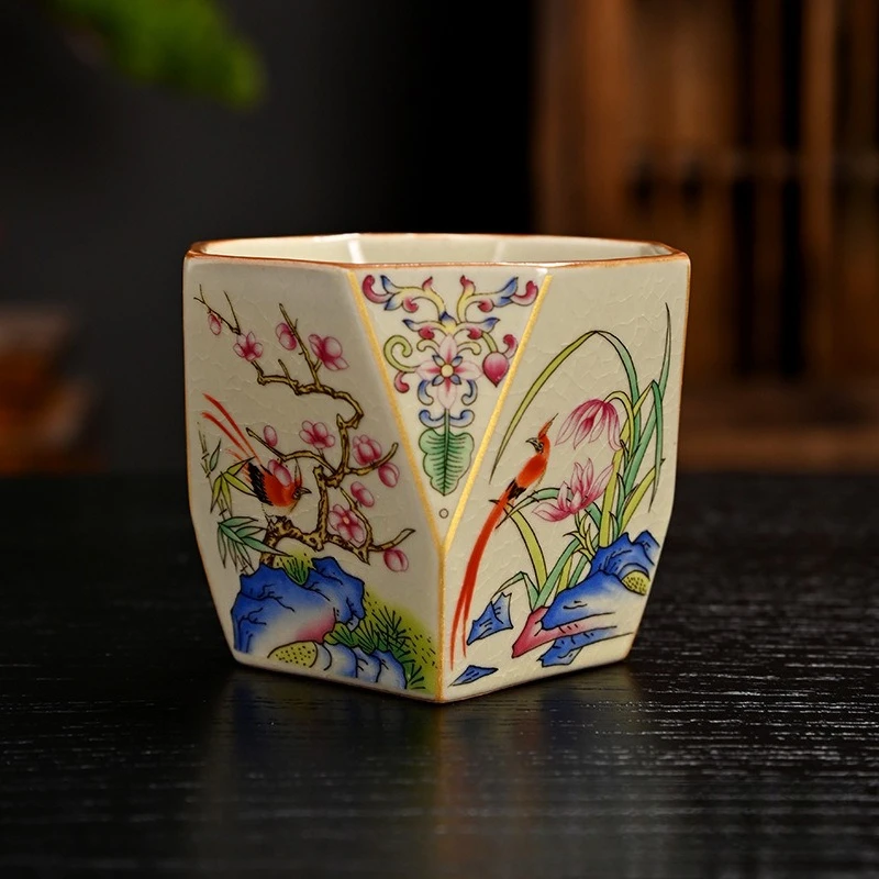 Ru Kiln Tea Cup Wrapping Lotus Auspicious Eight Directions Retro Big Rooster Tea Cup Owner Single Cup Ceramic