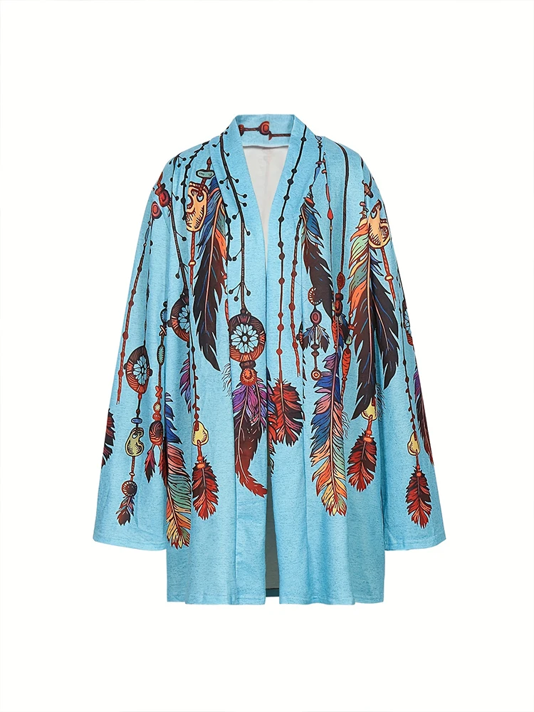 Plus Size 2024 Autumn New Women\'s Fashion Long Sleeve Retro Feather Print Jacket Cardigan Casual Loose