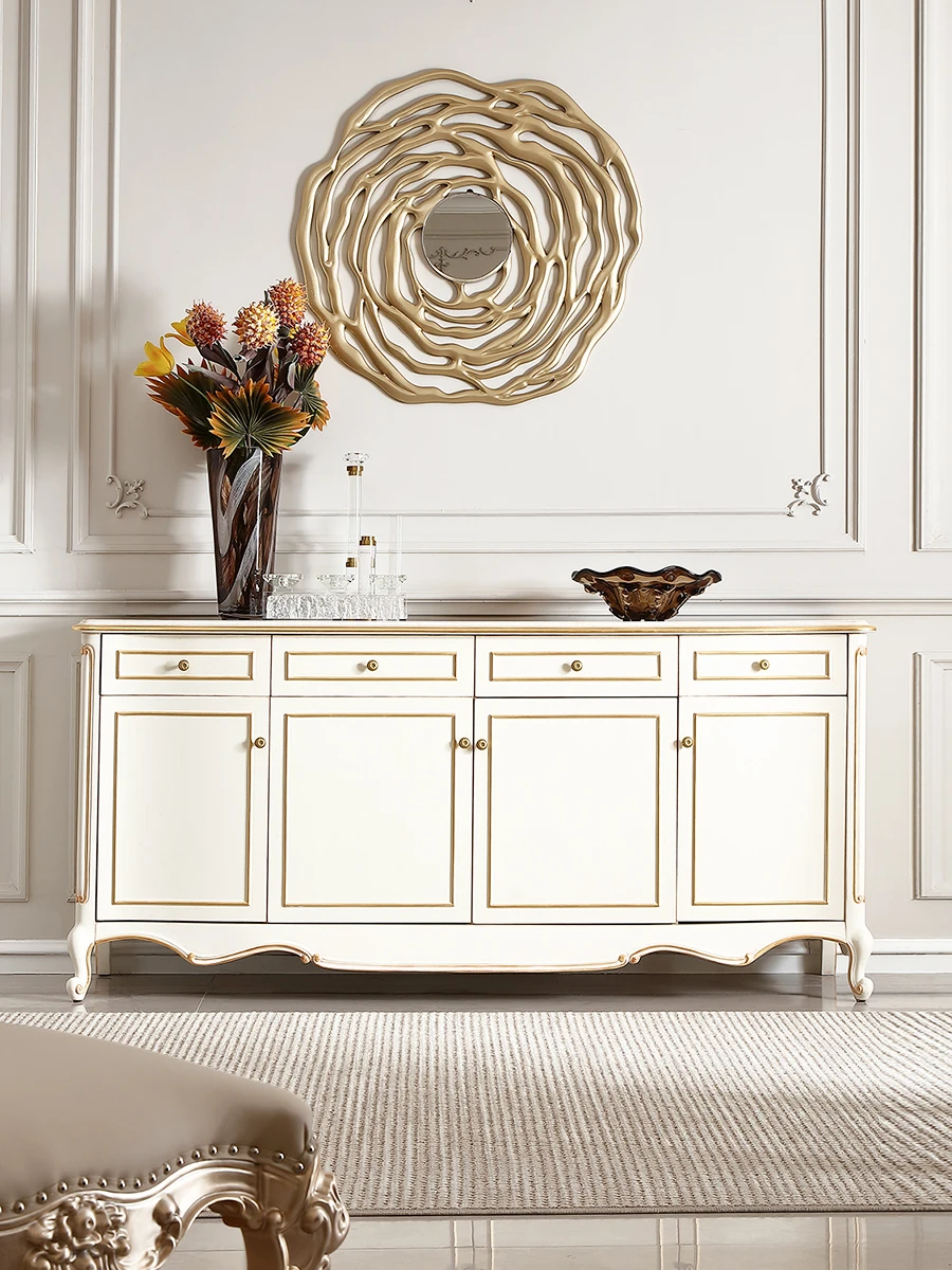 French light luxury gold foil solid wood storage dining side cabinet European villa large flat art