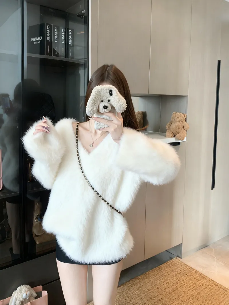 

Autumn Winter Soft Cozy V-Ne Long Sve Knitted Sweater Anti-Mink Fur Women's Loose Fit Comfortable Warm Color Top
