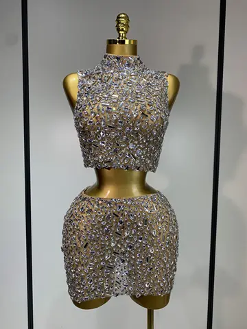 Hoge kwaliteit sprankelende strass sexy doorzichtige backless toprok tweedelige set vrouw luxe verjaardag avondjurken