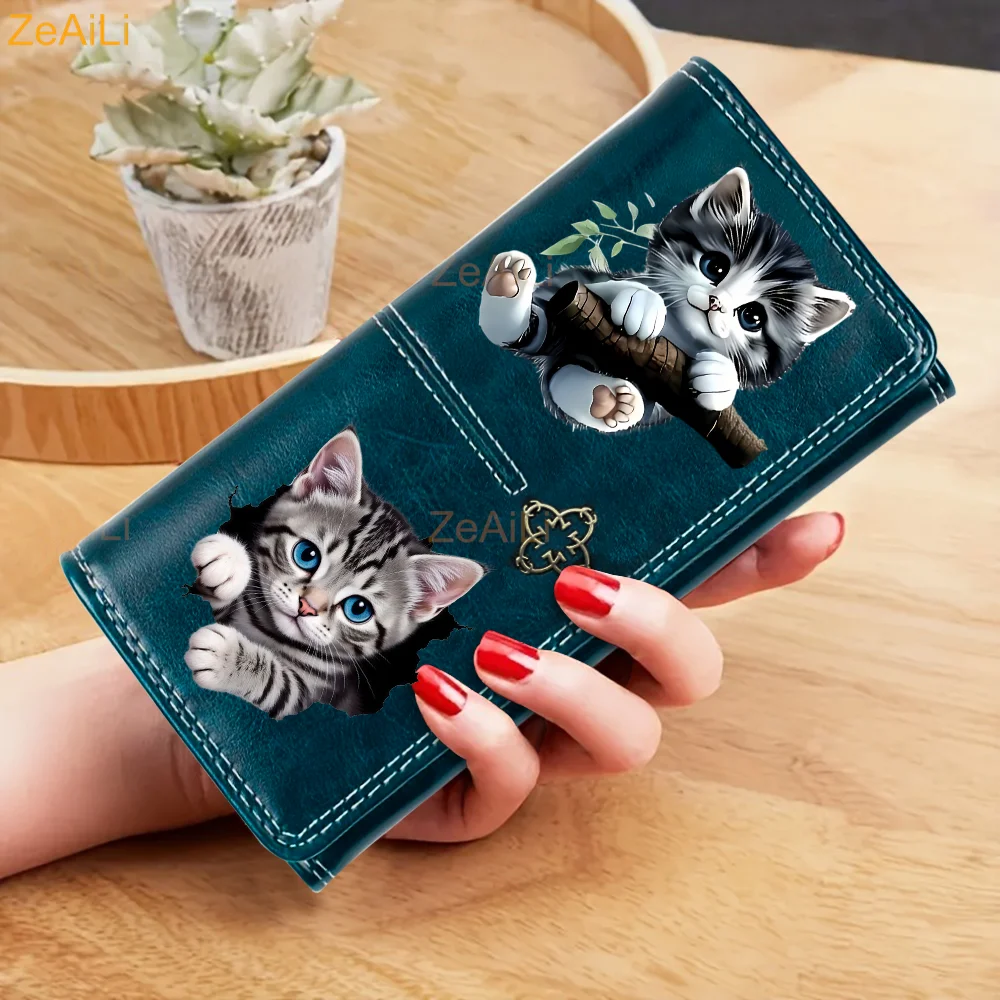 Graues Tabby-Kätzchen mit leuchtend blauen Augen, das einen Baumast umarmt, PU-Geldbörse, lange Geldbörsen für Karten, Damenhandtaschen – Detail 6