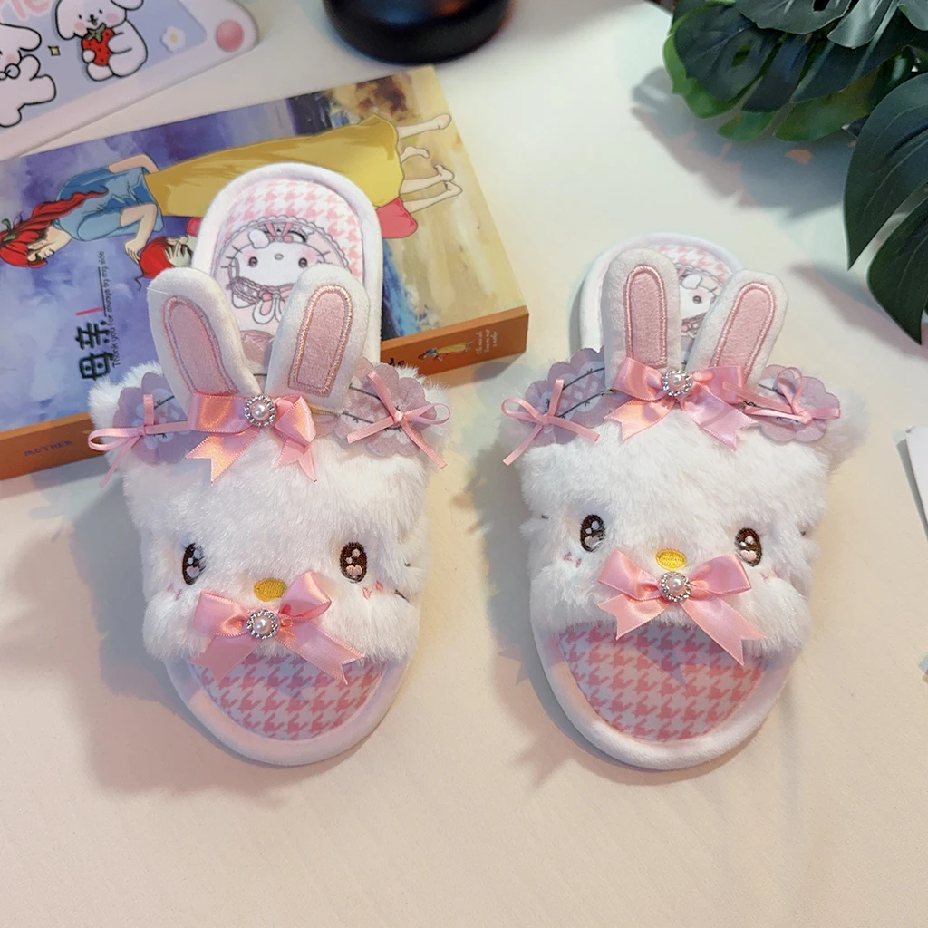 ซานริโอ เฮลโล คิตตี้ คุโรมิผลิตภัณฑ์ต่างๆ รองเท้าแตะผ้าฝ้ายสำหรับผู้หญิงฤดูใบไม้ร่วงและฤดูหนาวรองเท้าผ้าฝ้ายลายการ์ตูนกันลื่นสำหรับใช้ในบ้าน