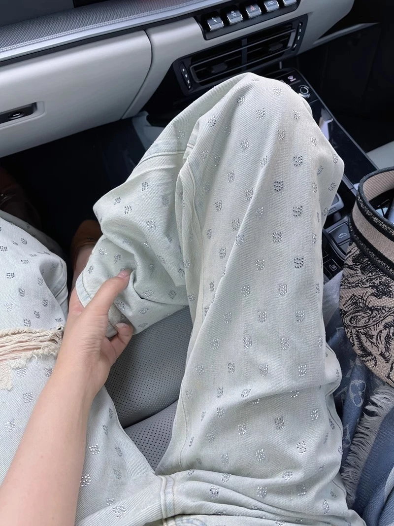 

Мужские джинсы с высокой талией и широкими штанинами, прямого кроя, с декоративными стразами, в стиле Харадзюку, из хлопкового денима