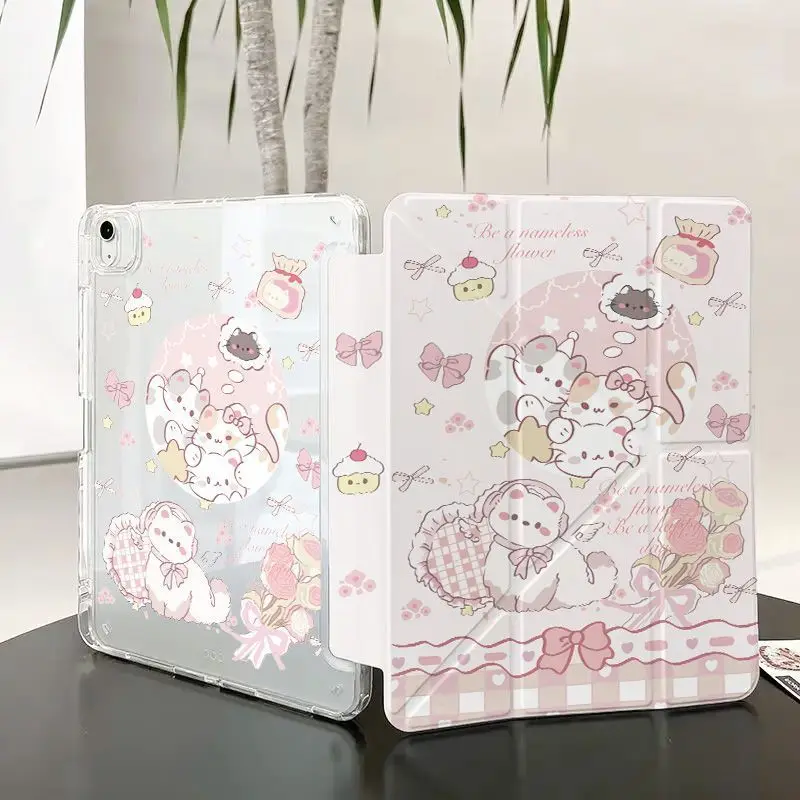 Korean Kawaii Rose Cat Candy Bow For iPad Pro Air 13 11 M5 M4 M3 M2 2 1 11th A16 12.9