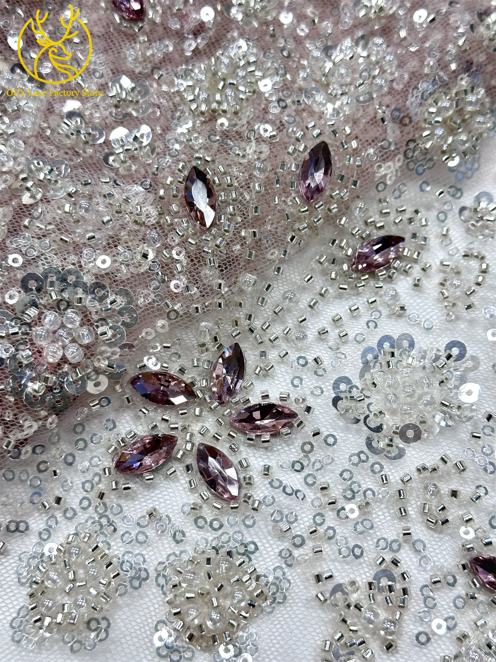 2026 Luxuriöser französischer Mesh-Spitzenstoff mit Perlen und Steinen, marineblau, afrikanischer nigerianischer Edelstein-Pailletten-Spitzenstoff zum Nähen von Hochzeitskleidern – Detail 18