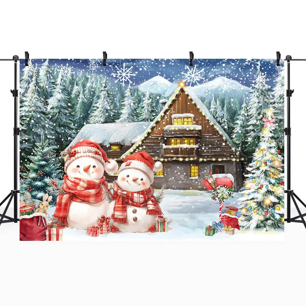 Mocsicka Winter Christmas Background Snow Forest Wooden House Snowman Xmas Tree Baby Kids Portrait Photo Backdrop Shooting Props