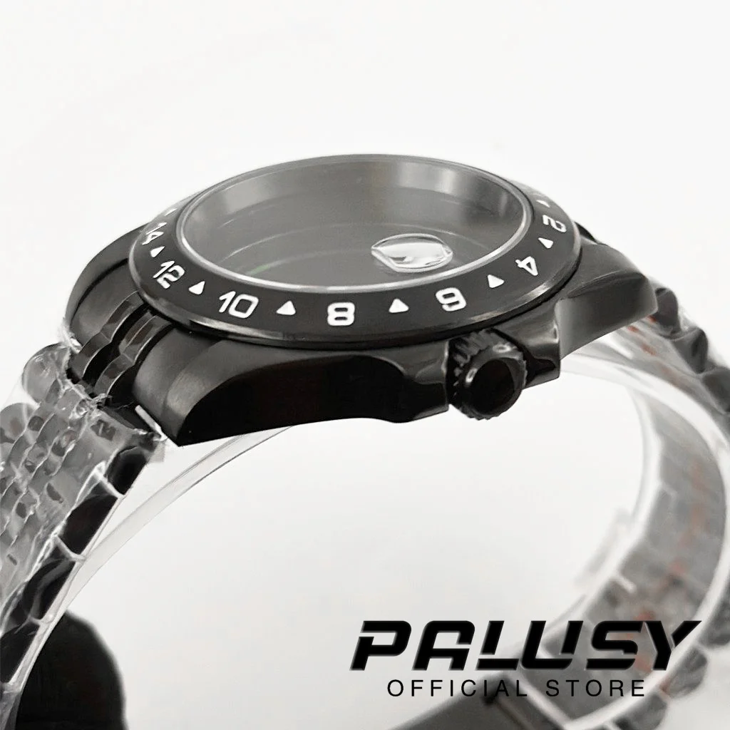 Nh35 40mm exp 24 horas gmt preto moldura fixa caixa de relógio sólido glide lock fecho vidro safira para nh34 nh35 nh36 eta2824 movimento