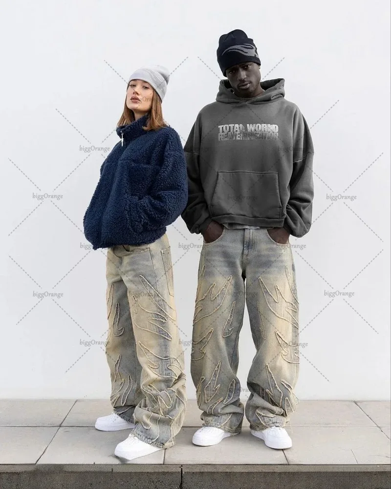 New Street Hip-hop Raw Edge Washed High-waisted Jeans Y2k Men Harajuku Retro High Street Oversized Straight Wide-leg Pants Women