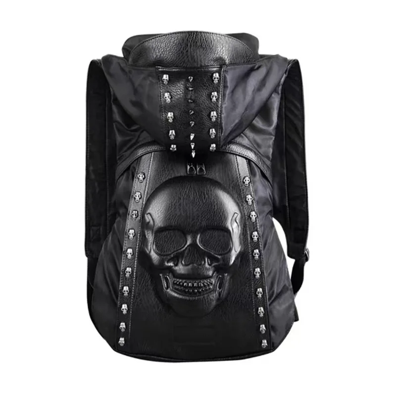 Fashion Personality 3D Skull Leather Backpack Rivets Skull Backpack With Hood Cap Apparel Bag Cross Bags Hiphop Man Ita Bag