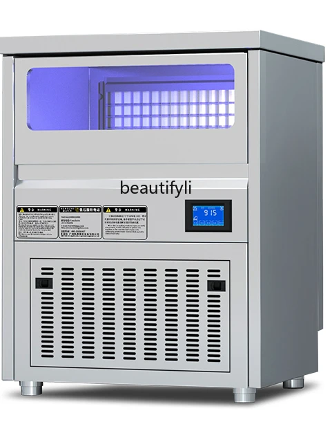 Commercial Full-Automatic Square Ice Machine Stainless Steel Blue Light Bar Milk Tea Bar Ice Machine