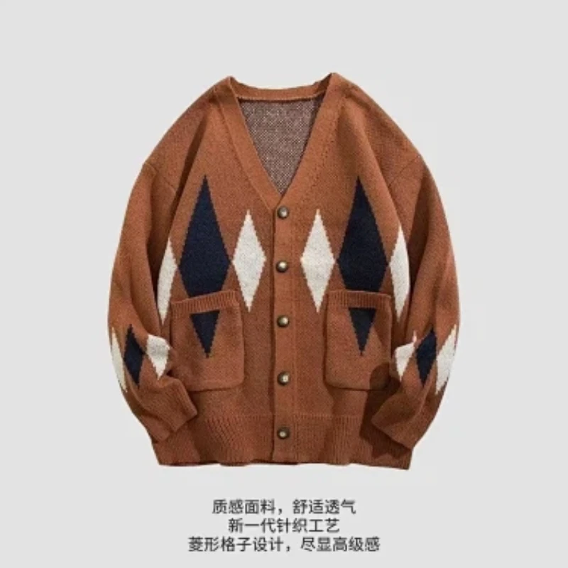 Men V Neck Argyle Cardigan Color Block Knit Jacket Casual Long Sleeve Outerwear For Autumn Winter view 4