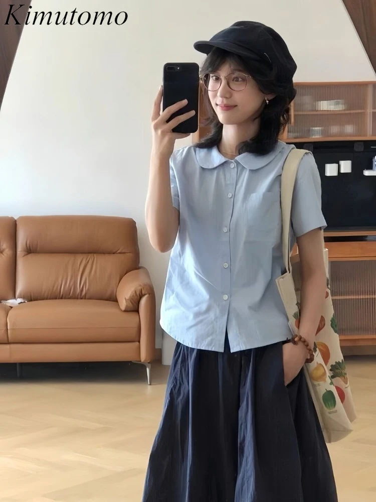 

Ezgaga Shirts Women Peter Pan Collar Spring Summer Fashion Solid Crop Tops Y2k Harajuku Preppy Style Tops Ladies Casual Blouse