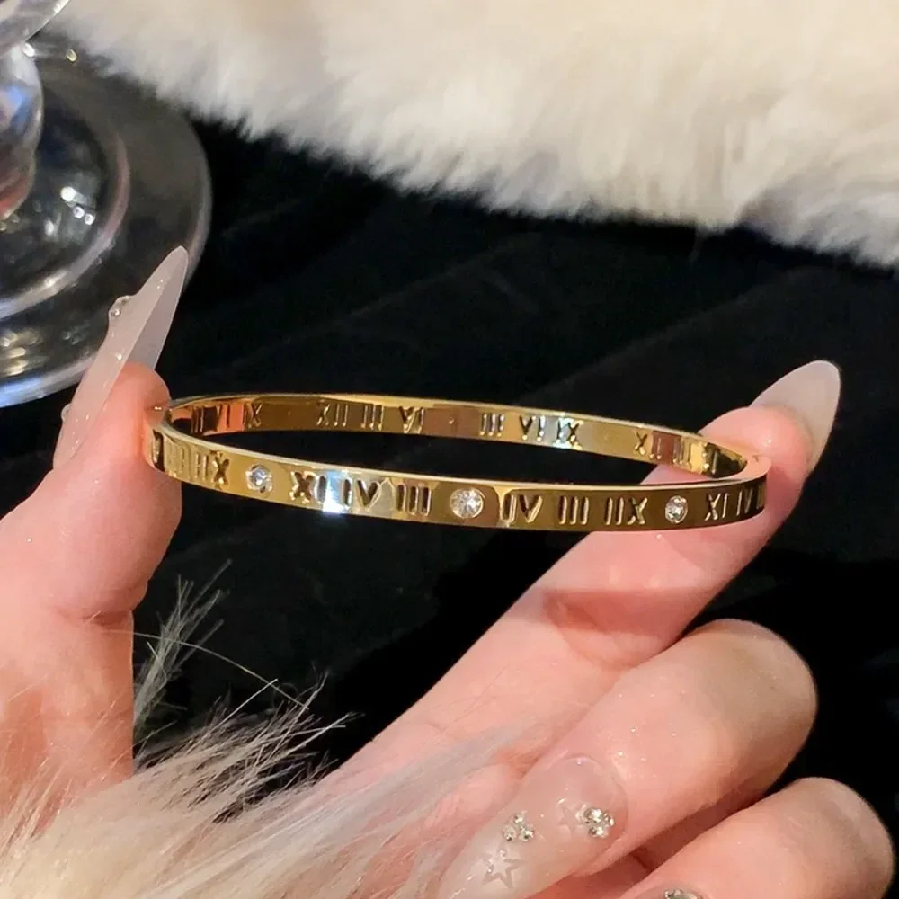 Luxury Stainless Steel Zircon Wide Bracelet for Women New Korea Fashion Wedding Bride Bangle Jewelry Accessory Gift Colorfast
