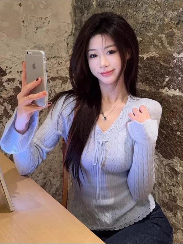 Coreano sle v-ne oco para fora malha topo feminino fino ajuste ort svel irt floral sve roupa interior inverno faion