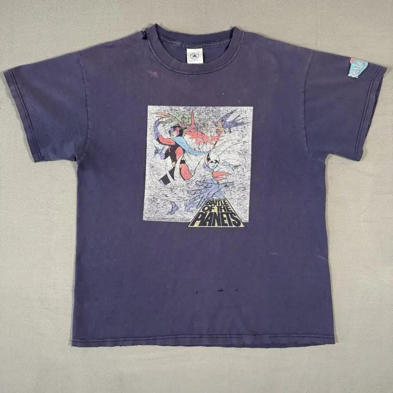 

Винтажная футболка «Битва планетов», размер L, синий выцветает, 90-е годы, Y2k, аниме, потертый