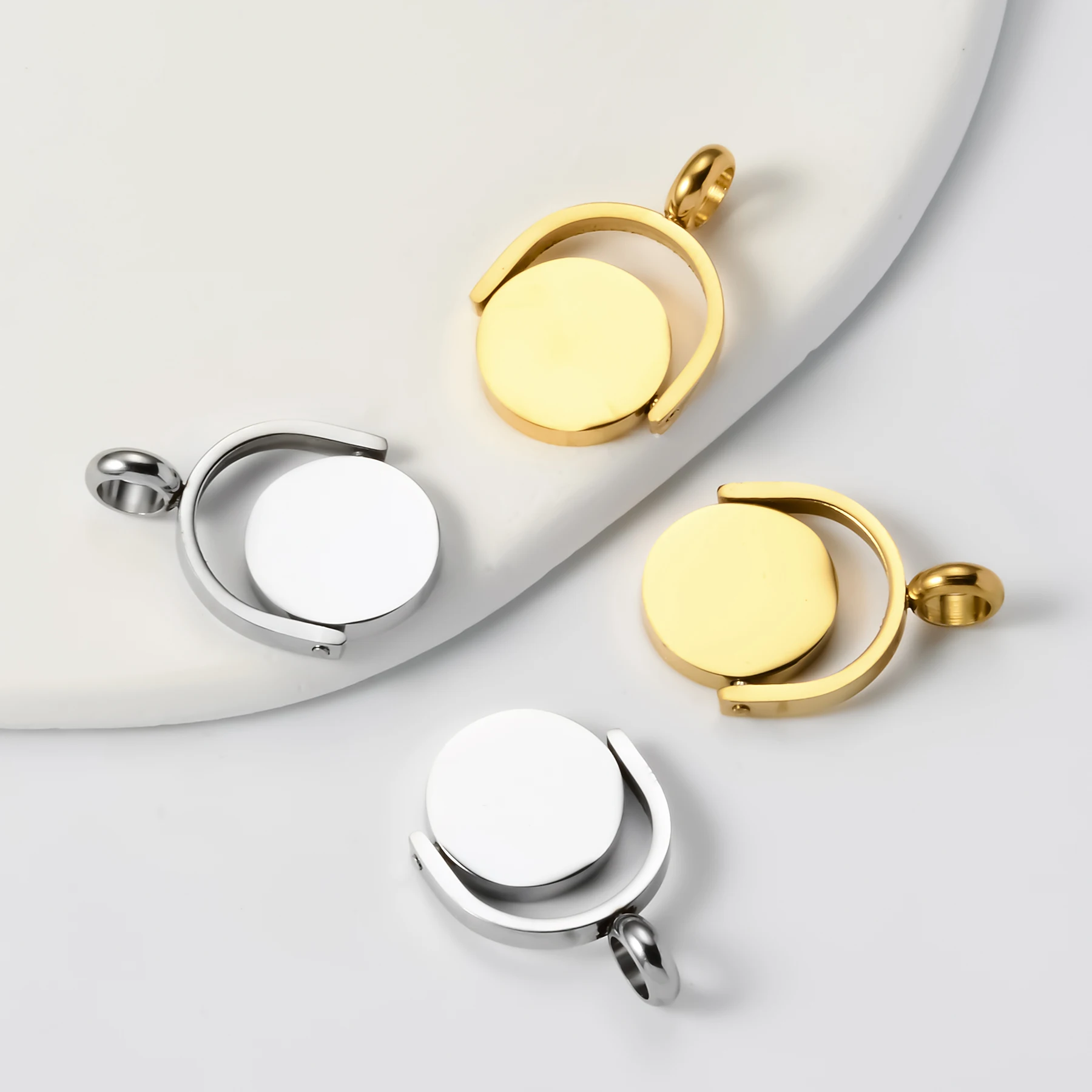 4Pcs/lot Stainless Steel Rotatable Half Round Pendant Customized Name or Logo Metal Charm Statement Mirror Polished Jewelry Gift image 2
