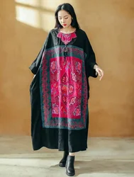 Luxury women's robe Black Jacquard Natural silk plus-size Vintage dresses Chinese style embroidery patchwork loose Long dresses