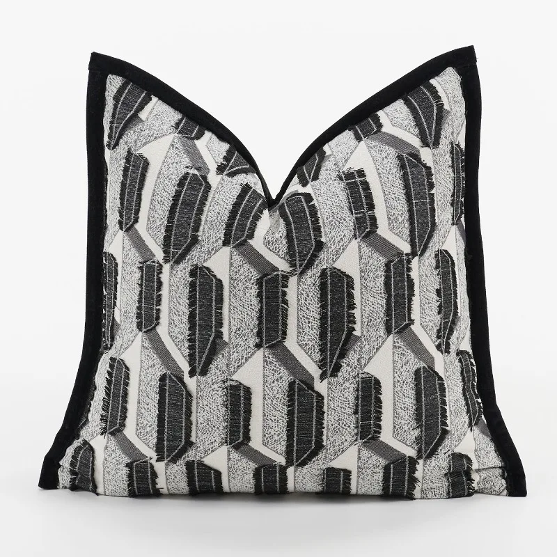 Black White Geometric Flower-cutting Throw Pillow Cover Luxury Chenille Textured Cushion Case Soft Vintage Home Decor for Sofa