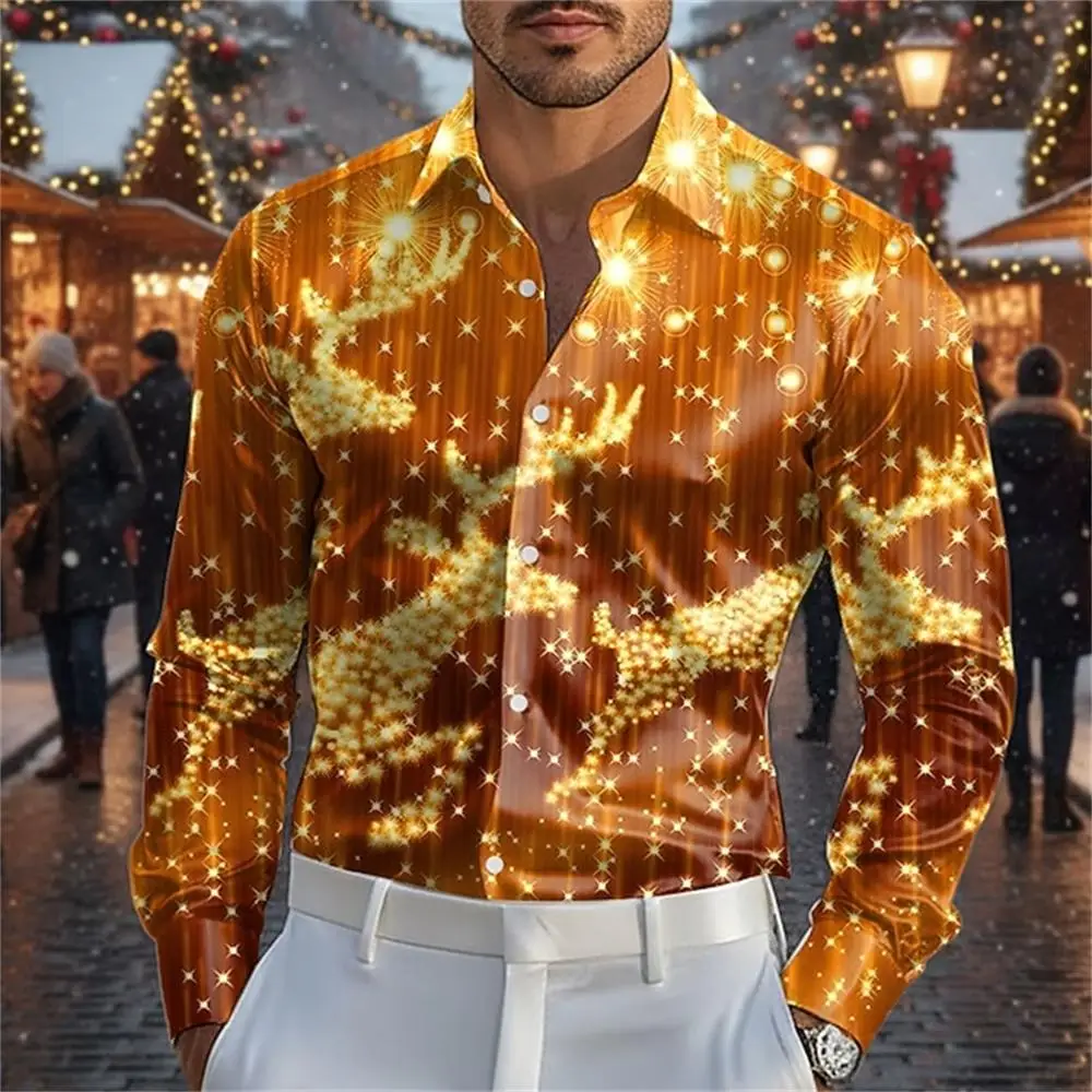 

Fashionable 3D printed Christmas deer design style men's long sleeved shirt slim fit lapel button casual party plus men's shirt
