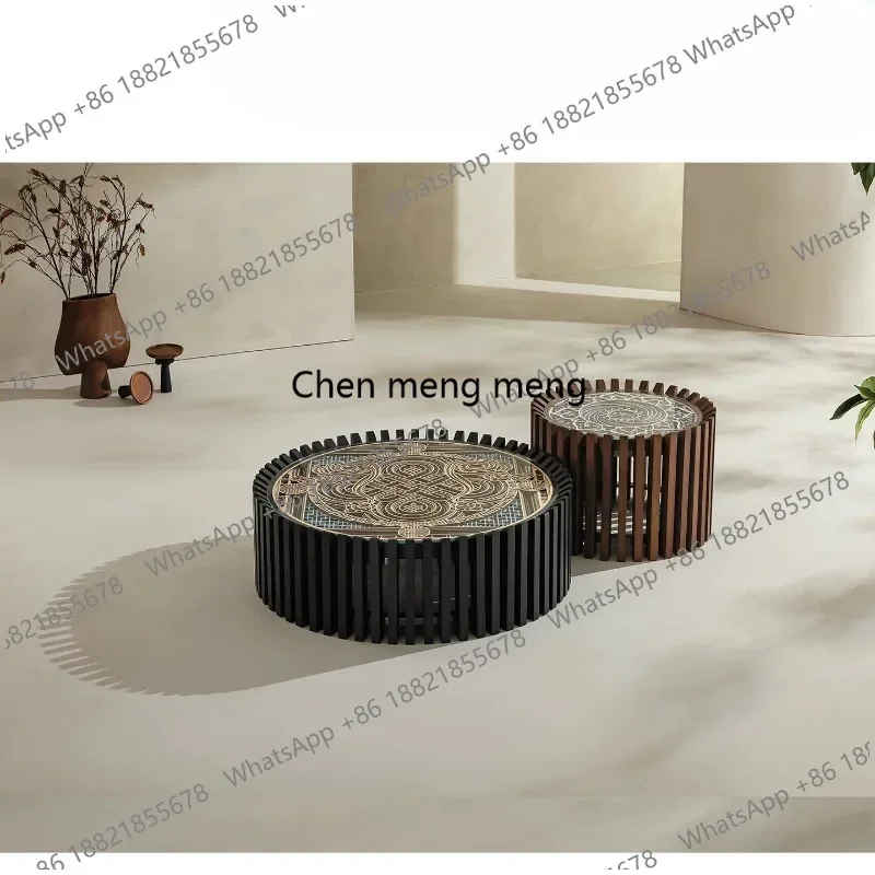 X188 Chinese retro round coffee table combination wood carving hollow ancient window pattern villa high-end coffee table