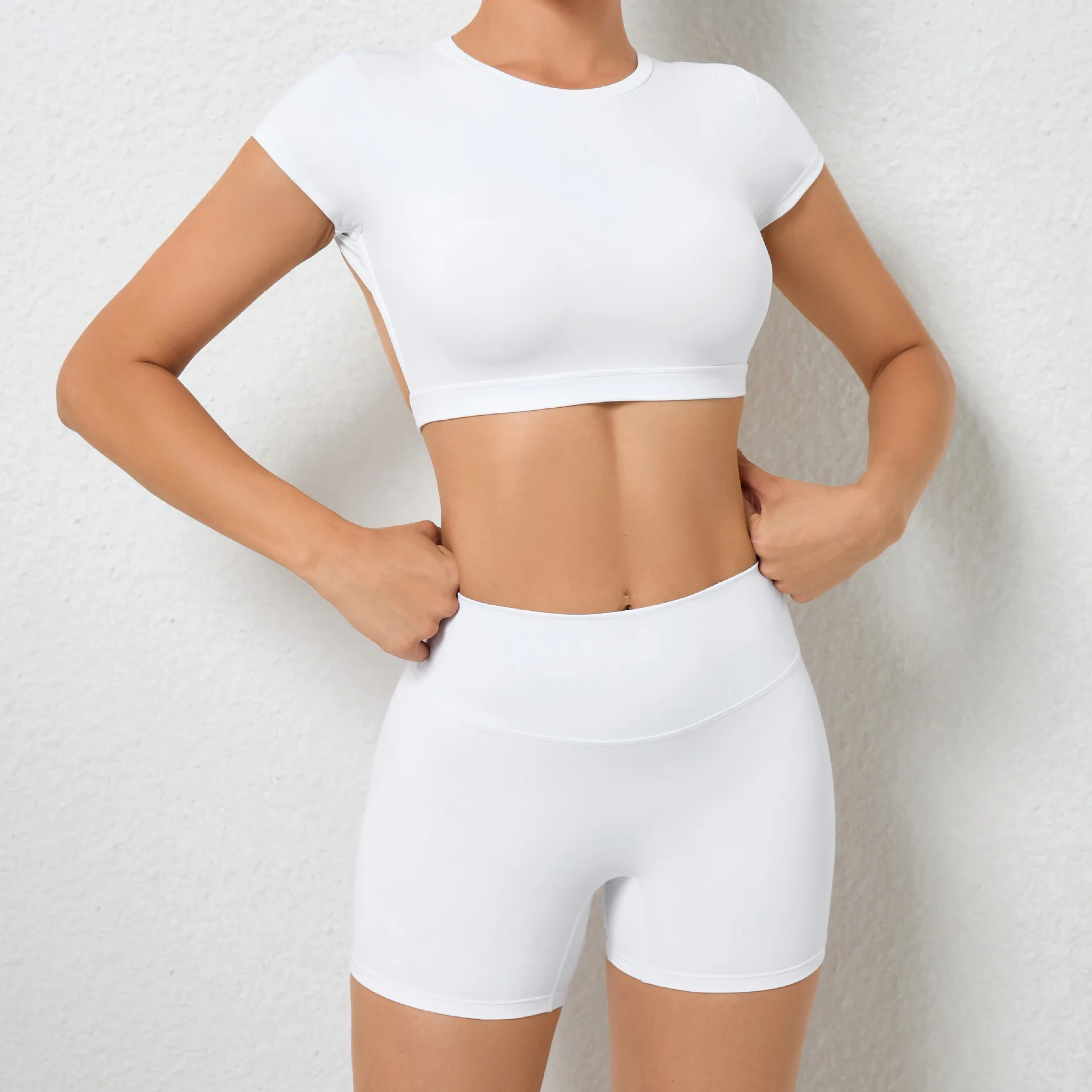 2 Pieces Sports Suit Gym Outfit Set Women Sexy Beauty Back Short Sleeve Crop Top Fitness Shorts Push Up Yoga Clothes Workout Set image 4