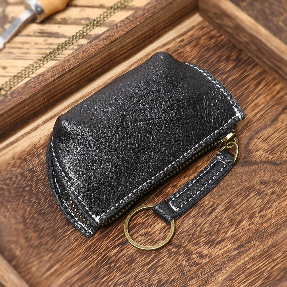 Genuine Soft Leather Mini Wallet Key Holder - Small Zipper Coin Purse Keychain Wristlet for Women and Men