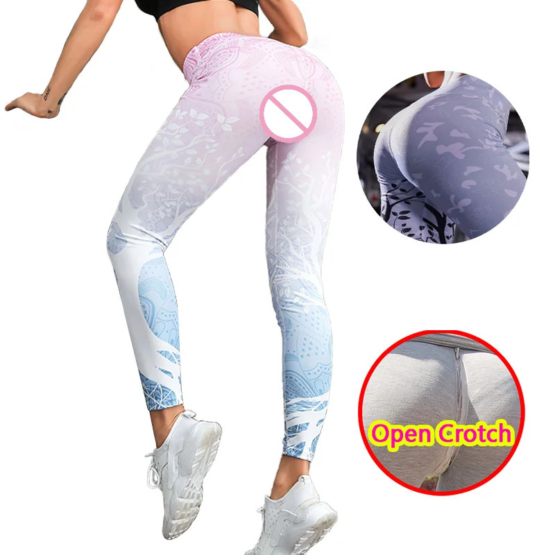 Mulher sexy aberto virilha leggings folha de fitness impressão ginásio escondido zíper push up esporte quente crotchless calças eróticas clubwear