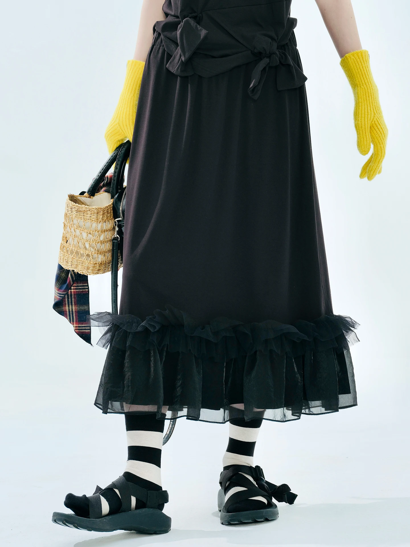 Zwarte midi-rok voor dames met tule ruches aan de zoom Strikdetail Elastische taille Casual feestrok Zwierig A-lijn Mode 255112