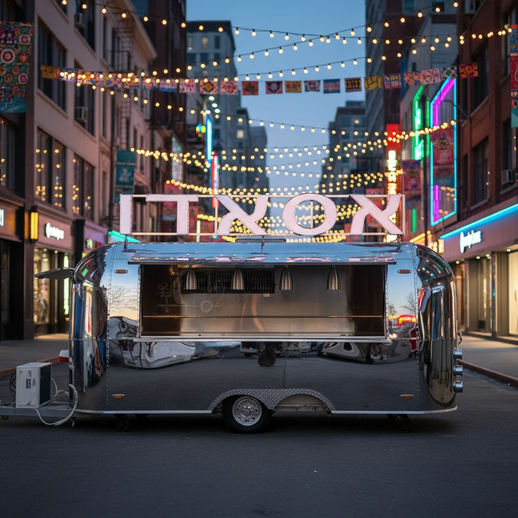 Silver Mirror Polished Dual Axle Stainless Steel Full Body Range Hood AC Serving Window Mobile Food Trailer for Outdoor Catering