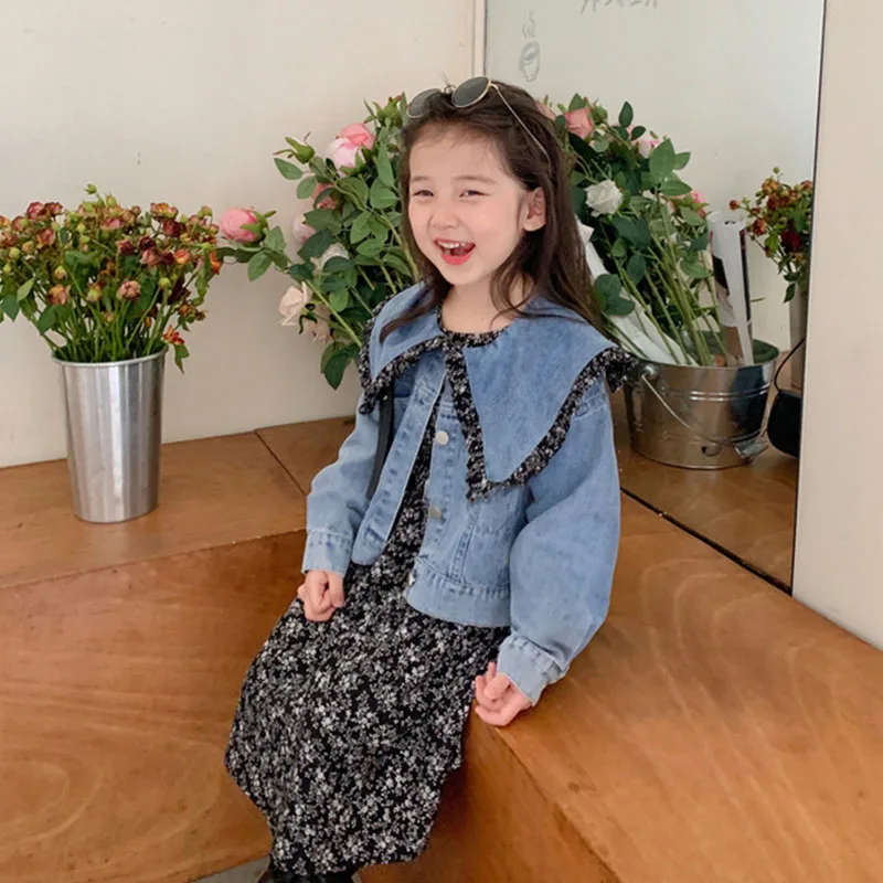 2022 Spring Autumn Girls\' Clothing Sets New Girls Cute Lapel Denim Top +Floral Dress Two-Piece Set Children Girls Clothes Suit