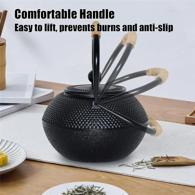 

M-Modern-Cast Iron Tea Pot - Twine Handle Teapot Kettle With Infuser And Enameled Interior For Stove Top, 1.2L/40 Oz