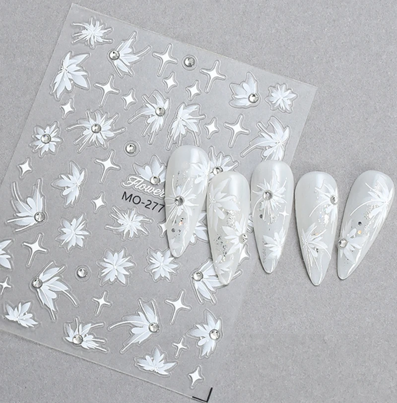 5d em relevo decalques da arte do prego diamantes studs neve cortar grama flor branca flores unhas adesivos decorações para manicure