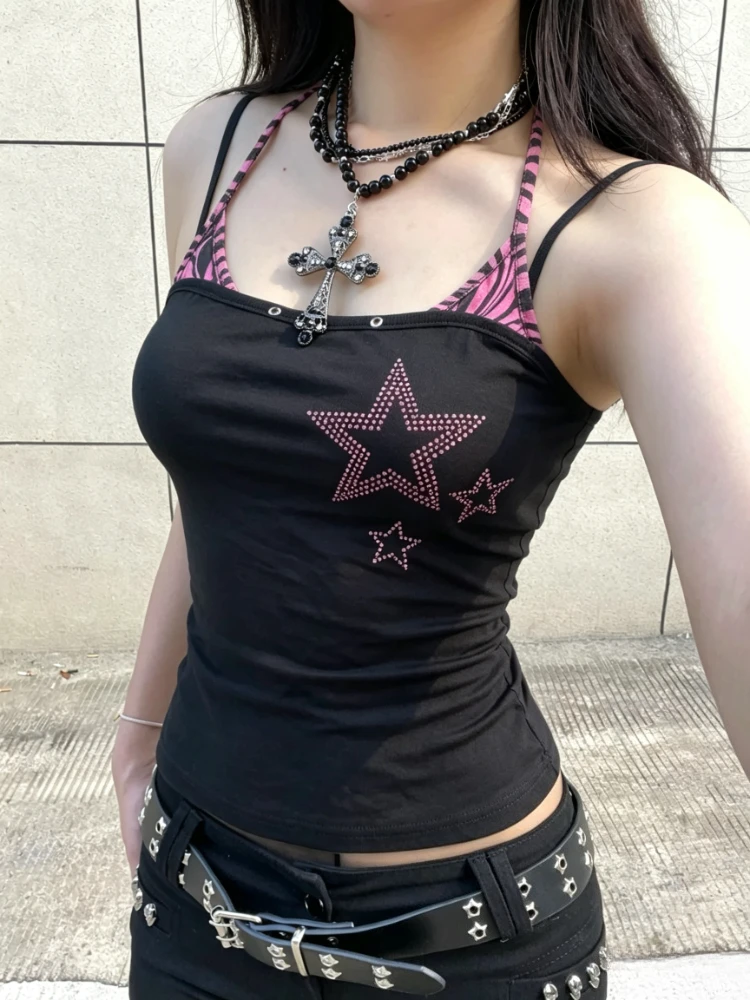 Vintage American Flower Print Halter Camisole Y2K Harajuku Fashion Vest Women Slim Sexy Streetwear Chic Sleeveless Tank Tops