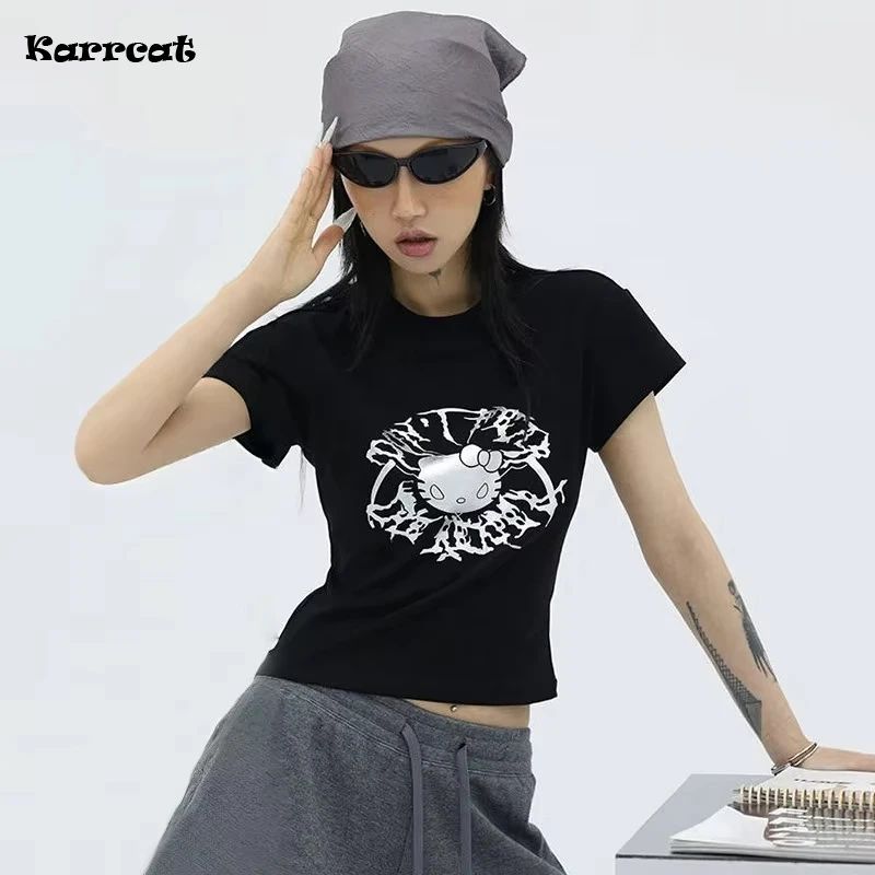 Karrcat Grunge Aesthetics Crop Tops Japanese Y2k Anime Print T-shirt Vintage Harajuku Short Sleeve Tee Shirt Trashy 2000s Gothic