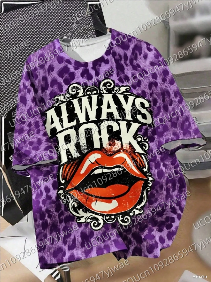 Zomer Modieus Luipaardprint Always Rock Lip Dames Basic T-shirt Korte mouw Heren T-shirt Tops Tee