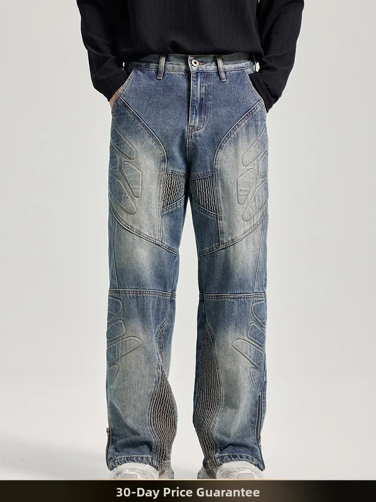 

Retro American Waed Distred Patchwork Jeans Summer Hiphop Cool Motorcycle Straight Leg Pants Youth Casual Cotton Polyest...